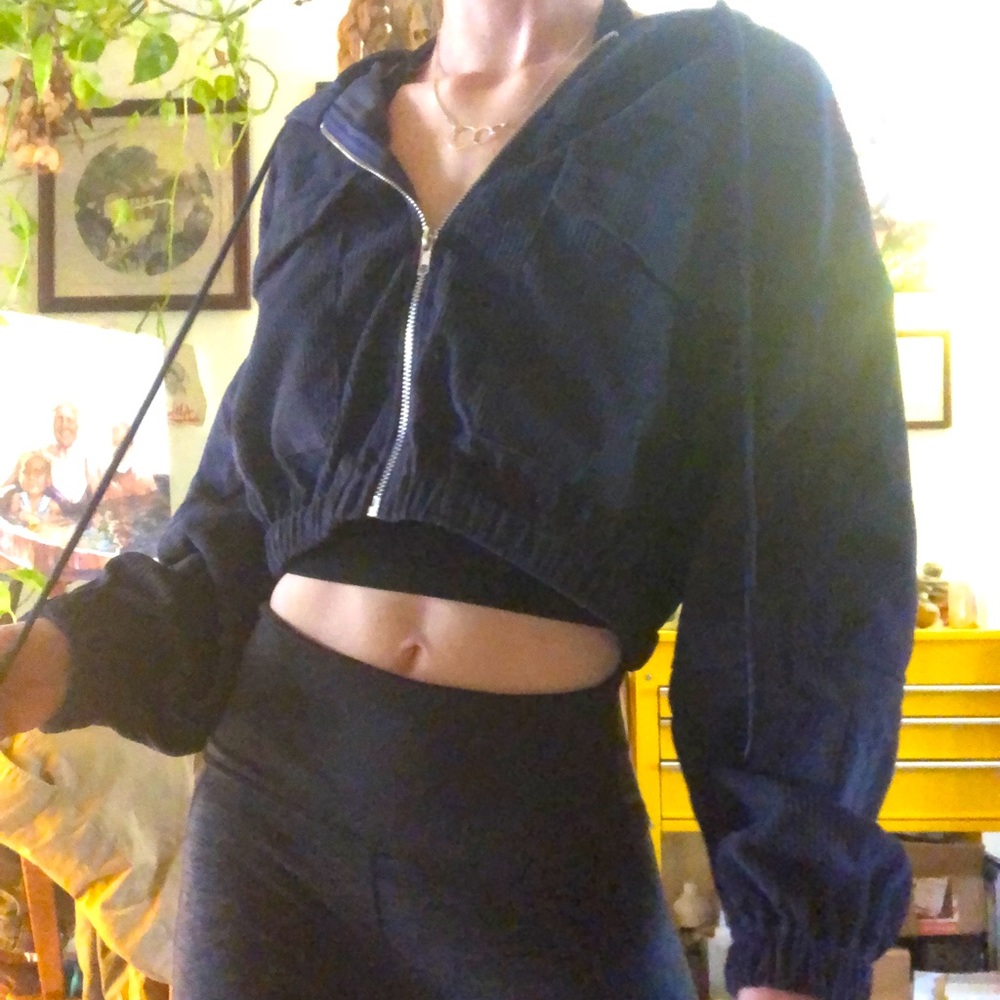 Shein cropped corduroy dark blue zip up jacket